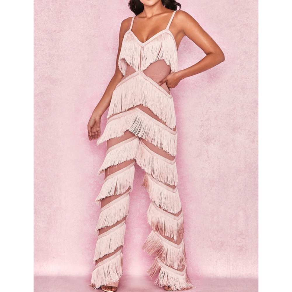 Pink Tassel Bodycon Layered Fringe Jumpsuit!
